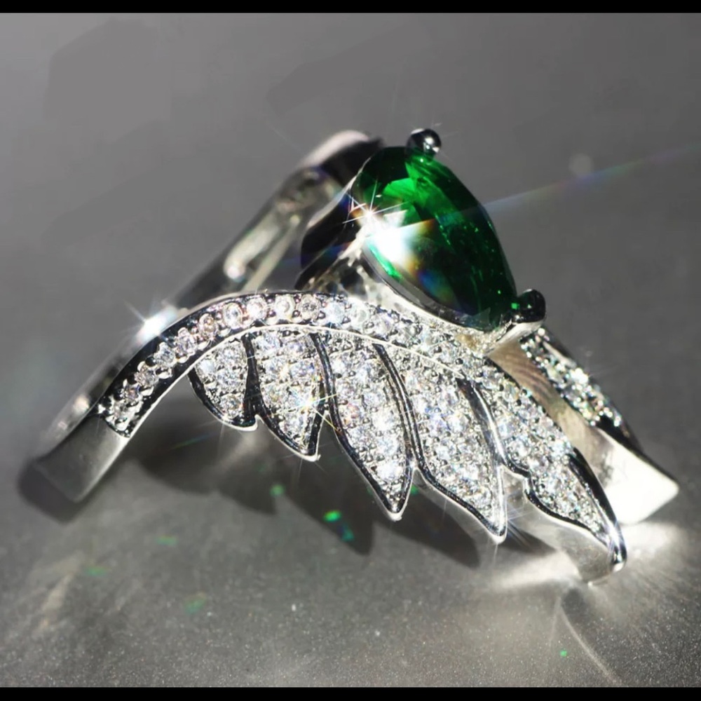 Green Statement silver angel wings ring - Picture 5 of 5